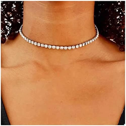 Image of Yienate Silver Crystal Tennis Necklace Choker Sparking Rhinestone Choker Necklaces Pave Crystal Cubic Zirconia Bridal Wedding Necklace Jewelry for Women and Girls