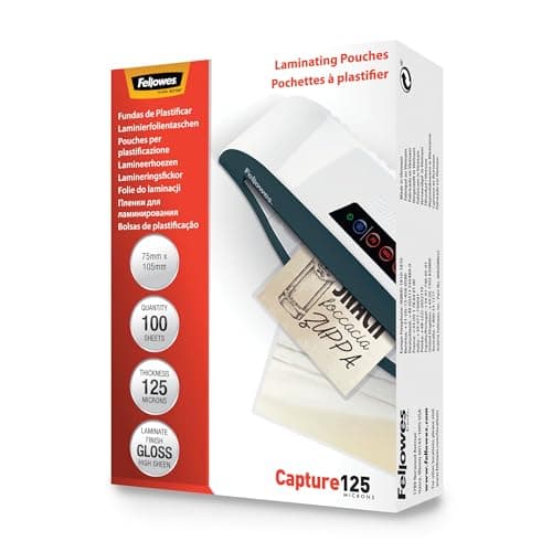 Image of Fellowes Laminating Pouches (75x105mm) - Glossy Finish - 100 Sheets, 250 Micron (2x125) Clear & Durable Laminating Pouch - Ideal for Photos, ID Cards & Small Documents