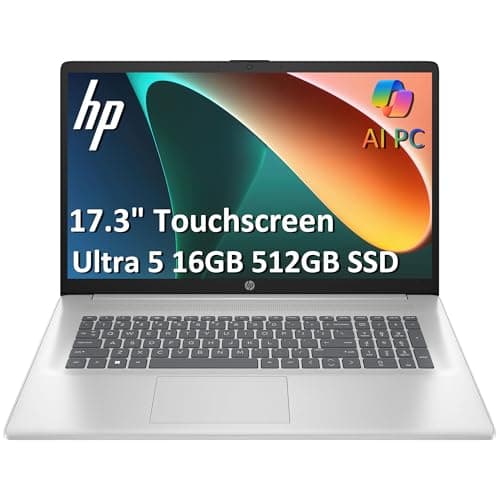 Image of HP 17 Laptop AI PC (17.3" HD+ Touchscreen, Intel 12-Core Ultra 5 225U (> i7-1355U), 16GB DDR5 RAM, 512GB SSD) for Business, Home, Students, Backlit, Fingerprint, Webcam, Win 11 Pro, Silver