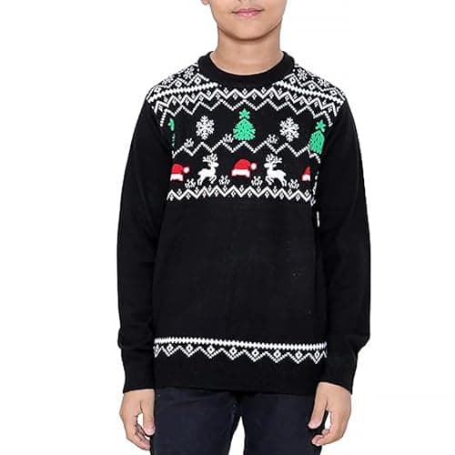 Image of NOROZE Boys Girls Unisex Children Kids Merry Christmas Dinosaur Tree Hat Reindeer Snowflake Pom Polar Bear Dino Roar Mas Knitted Novelty Ugly Xmas Jumpers Sweater (5-6 Years, Tree Hat Black)