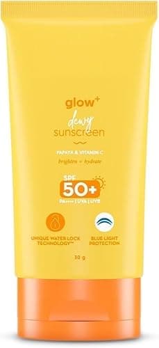 Image of HK Glow+ Dewy Sunscreen Gel SPF 50 PA++++ with Papaya & Vitamin C | For Dry, Sensitive, Oily & Combination Skin | UVA/B & Blue Light Protection | Travel Friendly | For Men & Women | 30g