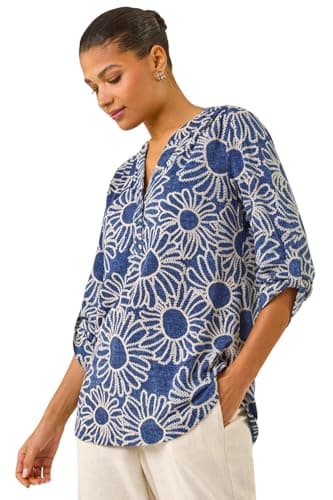 Image of Roman Shirt for Women UK Ladies Top Collarless Blouse Stretchy Tunic Smart Casual Autumn Winter Jersey 3/4 Length Sleeve Notch V Neck Flattering Office Work - Floral Puff Blue - Size 16
