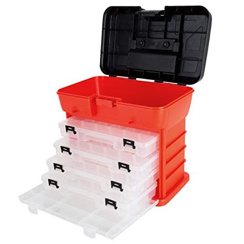 Image of Storage Tool Box - Portable Multipurpose Organizer with Main Top Compartment and 4 Removable Multi-Compartment Trays by Stalwart,Red,11 in x 7 in x 10 in