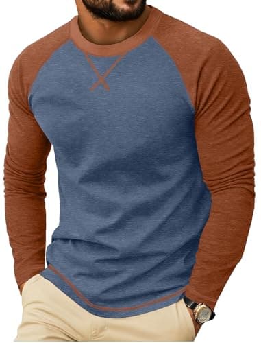 Image of QIXING Mens Cotton Shirt Long Sleeve Casual Crew Neck Soft Crew Neck Raglan Sleeve T-Shirts(Blue, L)