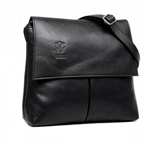 Image of LeahWard Womens Double Pocket Messenger Bag, Genuine Italian Soft Leather Cross Body Shoulder Bag Handbag (Black)