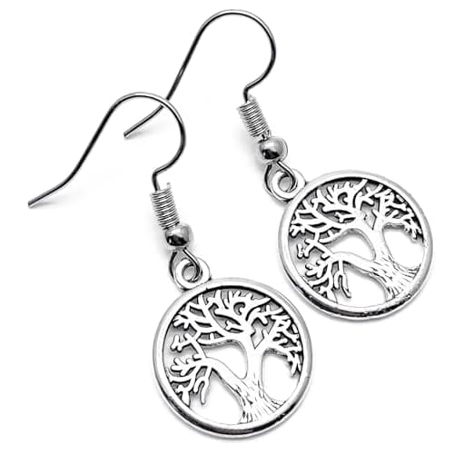 Image of Tree of Life Charm Earrings, Cute Spiritual Symbol Tibetan Silver Charms on Nickel Free Silver Tone Hooks : 36mm long, Drop Earrings for Women, Tree of Life Jewellery