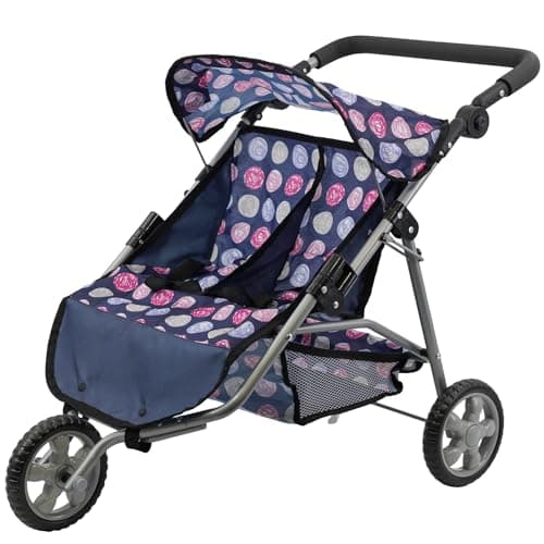 Image of BiBi Doll 3 Wheeler Twin Dolls Pushchair - Double Seat Blue Pram with Adjustable Handle, Sun Canopy, Foldable Frame - Great for Sibling & Twin Dolls, Role Play Toys for Girls & Boys, Aged 3+