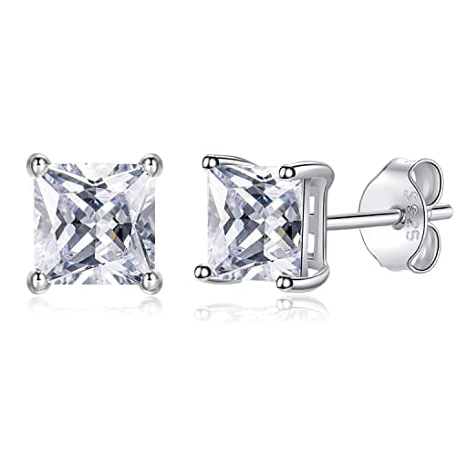 Image of EPIRORA Silver Stud Earrings, 14K White Gold, 5mm Square Cubic Zirconia Stones, Hypoallergenic Sterling Silver Posts, Perfect for Multi-Piercing, Wedding, Birthday, Anniversary, Christmas