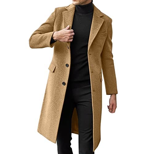 Image of Mymyguoe Trench Coat Men's Long Winter Coat Warm Slim Fit Winter Coat Wool Coat Plain Business Winter Jacket Transition Coat Notch Collar with Pockets Men's Coat Overcoat, khaki, L