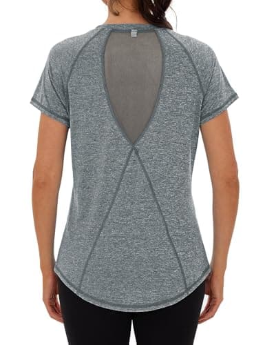 Image of Terecey Gym Tops Women, Sports T-Shirt Workout Yoga Tops, Short Sleeve Lightweight Moisture Running Top for Ladies with Back Mesh S-3XL Grey