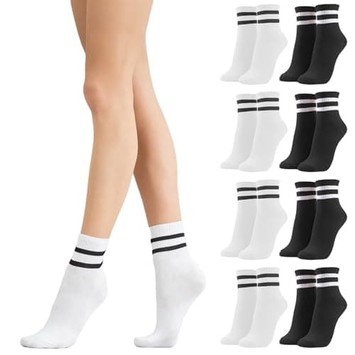 Image of LXEASYGO 8 Pairs Ladies Striped Crew Socks Breathable Cotton Women Sports Casual Ankle Socks for Women Multipack Size 4-7 (UK, Alpha, One Size, Regular, Regular, 4Black+4White)