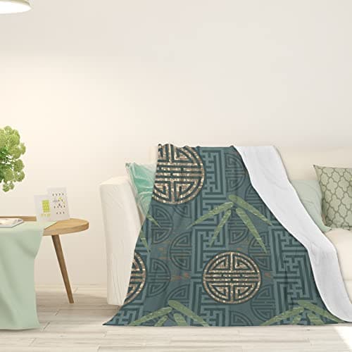 Image of Eastern, Thickened Fleece Throw Blankets,Leaves Eastern Elements,Super Soft Flannel Cozy Blankets for Adults,Washable Lightweight Fuzzy for Sofa Bed Office,Green,50x40in