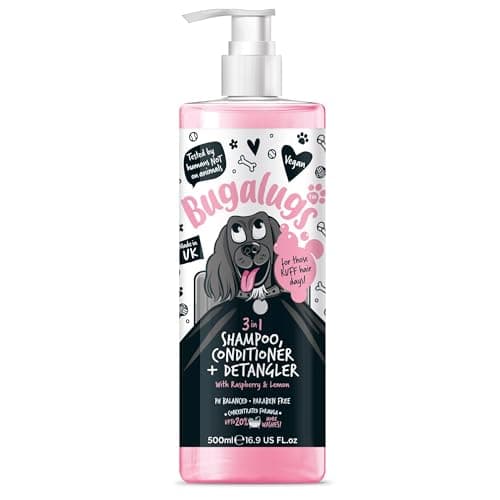 Image of BUGALUGS 3-in-1 Dog Shampoo, Conditioner & Detangler – Raspberry & Lemon Scented Grooming for Smelly Dogs, Puppy Coat Care, Pet Accessories (500ml) (BSDTCDE500)