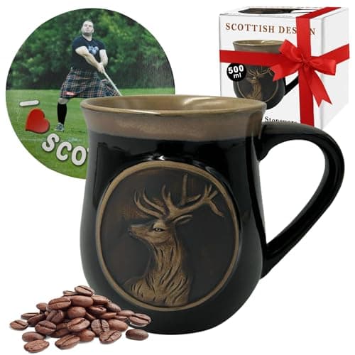 Image of Scotland Stag Design Embossed 500ml Stoneware Piping hot Mug: Wide Coffee Tea Hot Chocolate Cups | Christmas New Year Gift Box | Scottish Heritage Craftsmanship (Black), SMG115