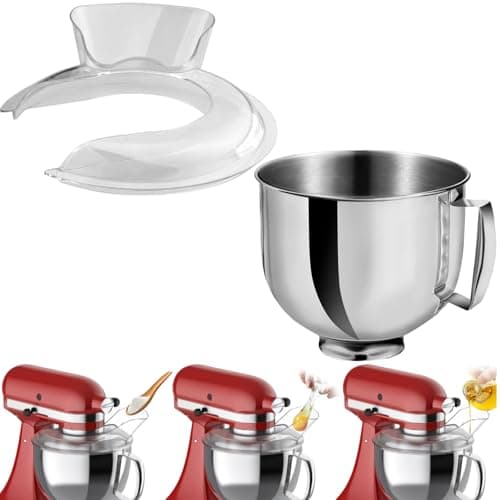 Image of HOMGEN Stainless Steel Mixer Bowl 4.8L with Pouring Shield Fit for KitchenAid 4.5-5 QT Tilt-Head Mixer Dishwashable 5 Quart Mixing Kitchenaid Bowl with Cleaning Brush(NOT with Machine)