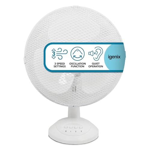 Image of Igenix DF1210 12” Portable Desk Fan – 3 Speed Settings, Quiet Oscillating Airflow, Compact Desktop or Bedside Cooling – Ideal for Home & Office – White