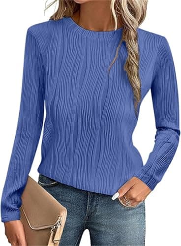 Image of OYIGELZ Women Classic Striped Long Sleeve Tops Crew Neck T Shirt Regular Fit Casual Ladies Basic Tee Standard Sizes UK(Royal Blue,M)