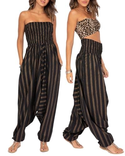 Image of likemary Jumpsuits for Women UK Converts into Harem Pants with Pockets - 2-in-1 Outfit - Cotton Strapless Romper & Comfy Elasticated Waist Trousers Black Gold Stripes