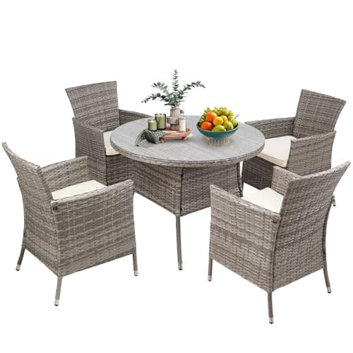 Image of Warmiehomy Rattan Garden Table and Chairs Set 5 Pieces Garden Dining Set 100cm Round Patio Table with Parasol Hole Wicker Chairs with Seat Cushions Tempered Glass Tabletop and 4 Seater Armchairs, Grey