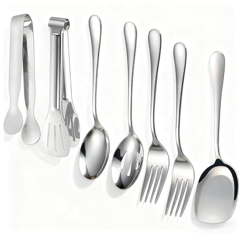 Image of 7 PCS Serving Spoons Large Set, Silver Stainless Steel Table Spoons with A Clip, Durable Spoon Set, Practical Long Handle Tablespoons Suitable for Kitchen Cooking Restaurant Banquets