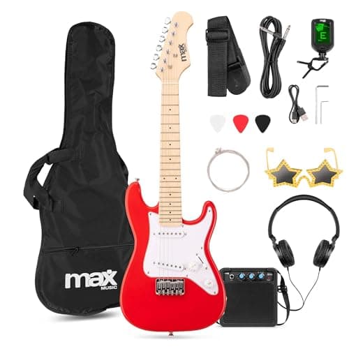 Image of Max GigKit Junior Electric Guitar Starter Pack Red 1/4 Size – Complete Beginner Kit for Kids 4-7 Years, 21 Fret Guitar, 10W Amp, Accessories, Musical Instruments for Young Starters