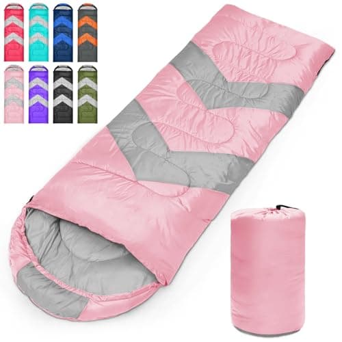 Image of Tesmien Sleeping Bag for Adults & Kids 3-4 Season Warm Weather and Winter Lightweight, Waterproof for Teens, Men's Indoor & Outdoor Camping/Traveling/Hiking, Pink Grey