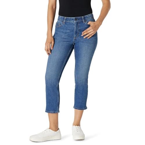 Image of Amazon Essentials Women's Medium-Stretch Slim-Fit Mid-Rise Capri Jeans, Medium Blue Vintage, 14
