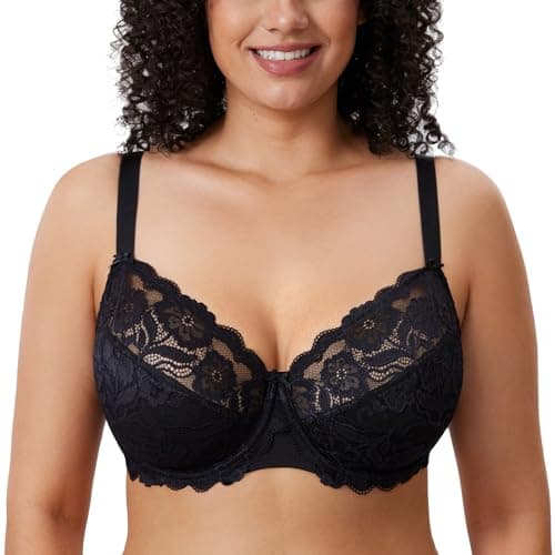 Image of DELIMIRA Women's Full Coverage Non-Foam Floral Lace Plus Size Underwired Bra Black 38DD
