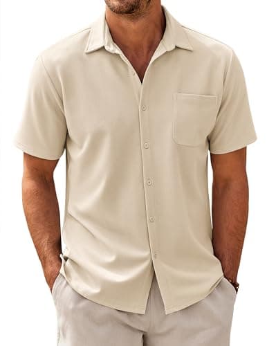 Image of COOFANDY Mens Casual Short Sleeve Textured Shirt Regular Fit Summer Beach Shirt with Pocket Cream M