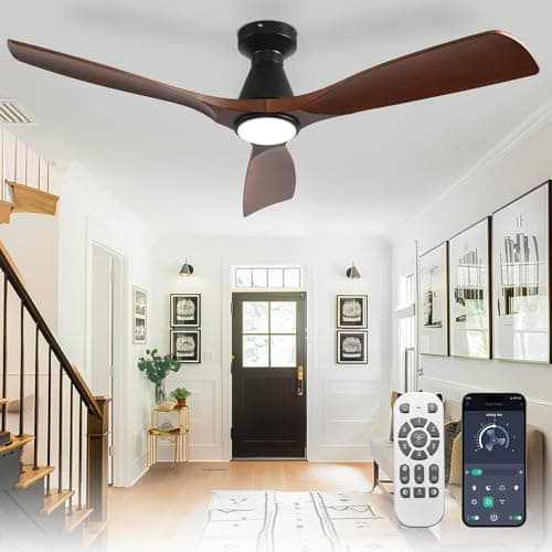Image of Depuley 52-Inch Ceiling Fans with Lights: Walnut 3 Blade Flush Mount Low Profile Ceiling Fan for Bedroom - Dimmable Outdoor Quiet DC Motor Fan with Remote APP Control Timer