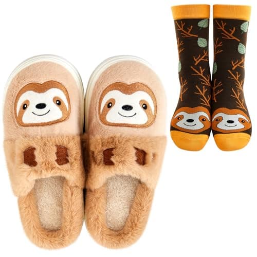 Image of Geyoga 1 Pair of Sloth Slippers and 1 Pair of Sloth Socks, Women Christmas Gifts Winter Animal Fluffy Slippers and Socks with Non-slip Bottom, Warm Indoor Outdoor Home Shoes (Uk Sizes 3-4)