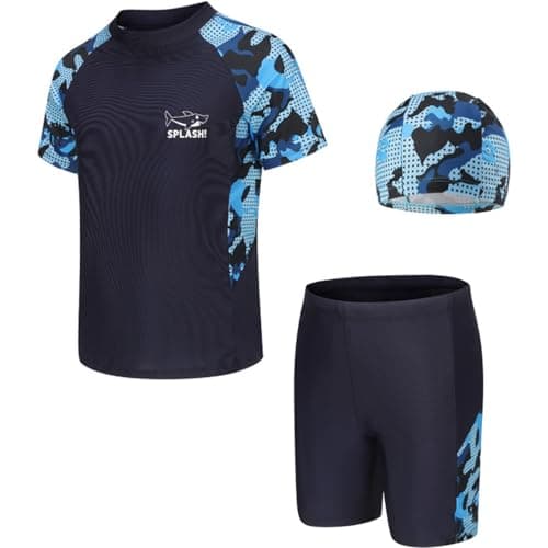 Image of NIUAOAO Boys Swimsuits Kids 3PCS Rash Guard Sets with Hat UPF50+ Short Sleeve Swimwear Sets 9-10 Years for Boys 5XL