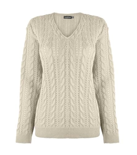 Image of Generation Fashion New Women Ladies Knitted V-Neck Long Sleeve Cable Knit Sweater Knitwear Jumper Top Pullover [Beige,S-M]