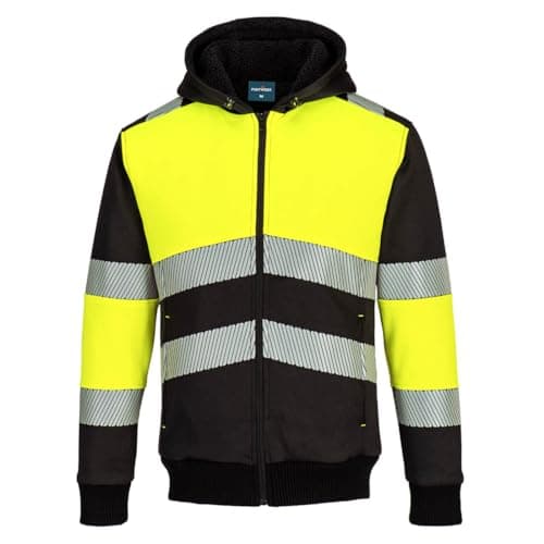 Image of Portwest PW377 Hi Vis Fleece Lined Mens Hoodie Zipped Winter Sweatshirt Casual Warm Insulated Outdoor Workwear Safety Jacket Yellow/Black, Large