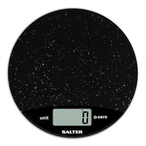 Image of Salter 1009 BKDR Digital Kitchen Scale – Round Marble Food Weighing Scales, Tare Function, Weigh Liquids/Fluids, Easy Read LCD Display, Metric/Imperial, Electronic, Baking/Cooking, 8kg Capacity, Black