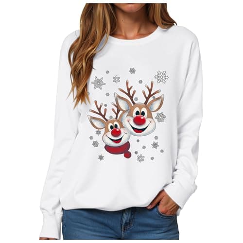 Image of SHINEHUA Christmas Sweatshirts for Women Uk Funny Graphic Reindeer Santa Xmas Jumper Sweatshirt Crew Neck Long Sleeve Xmas Pullover Tops Blouse Christmas Shirt Ladies UK (White-a, S)