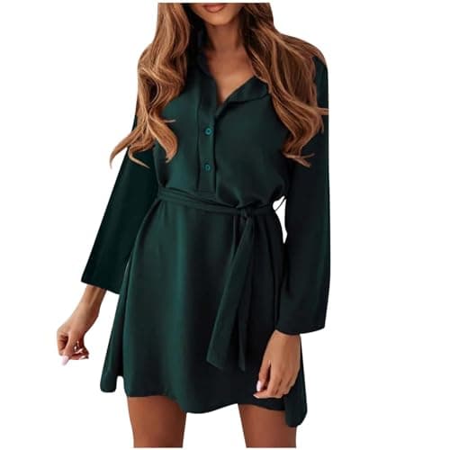Image of Zeiayuas Women's Casual Summer Button Down Shirt Dress Collared V Neck Long Sleeve Belted Dresses Elegant Formal Work Chiffon Dress Green