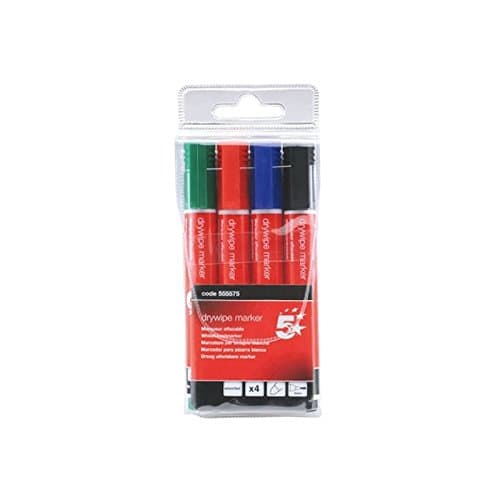 Image of 5 Star Drywipe Marker Xylene/Toluene-Free Bullet Tip 2mm Line Assorted [Pack of 4]