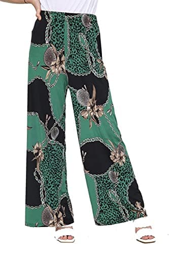 Image of WearAll Plus Size Womens Floral Print Ladies Wide Leg Palazzo Trousers Pants - Green Leopard Chain - 16-18