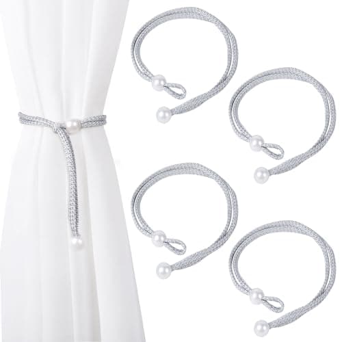Image of Dalababa 2 Pair Curtain Tie Backs Rope, Polyester Hand-Woven Drapery Holdbacks, Pearl Curtain Tiebacks Straps Buckles for Home Decor (Grey)