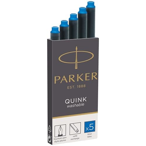 Image of Parker Fountain Pen Ink Refill Cartridges | Long | Washable Blue QUINK Ink | 5 Count