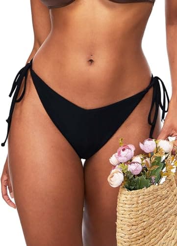 Image of TZLDN Women Bikini Bottom Black V Waist Side Tie Bikinis Bottom Brazilian String Shorts Swimwear Beach Swimsuit Thong Summer Black S