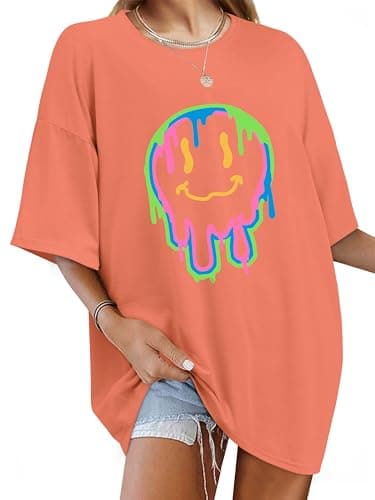 Image of WIEIYM Women Oversized T Shirt Baggy T Shirts Loose Fit Summer Tee Crew Neck Casual Short Sleeve Tops Printed with Funny Face Graphic Orange