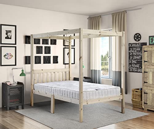Image of Four Poster Bed - 4ft 6 double solid natural pine 4 poster bed frame - Extra wide base slats with centre rail