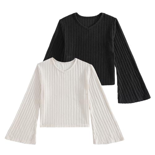 Image of Xumplo Girls T-Shirt Kids Long Sleeve Flared Tops Teens Knitted V-Neck Pullover Pack of 2 Fall Winter Clothes Black/White 7-8 Years