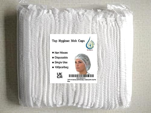 Image of TOP HYGIENE WHITE DISPOSABLE MOB CAPS 100/PK, Catering Hair net Covers, Hygiene Hair Caps with Elastic Stretch Band.