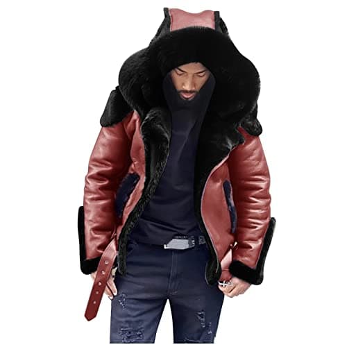 Image of Hooded Faux Shearling Aviator Jacket, Thick Fleece Lined Leather Coat with Oversized Collar and Belted Hem, Warm Winter Biker Jacket Ideal for City Night Out or Christmas Market Look