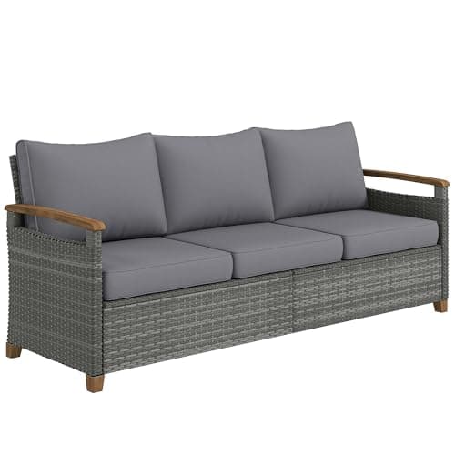 Image of Outsunny 3 Seater Rattan Garden Sofa, PE Wicker Outdoor Sofa with Wide Deep Seat, 10 cm Thick Cushions, Wood-Effect Armrests and Legs, 2 Seater Rattan Garden Furniture for Patio, Porch, Dark Grey