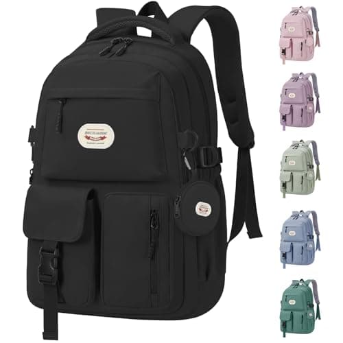 Image of BECOJADDE Backpack School Bag Womens Girls with 15.6'' Laptop compartment, Water Resistant Rucksack with Coin Purse, Daypack for College, Work & Travel, Ideal for Teens & Students Black 25L