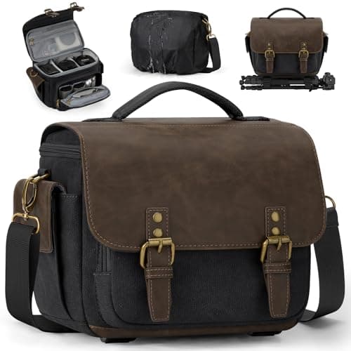 Image of RAINSMORE Camera Bag, Small Camera Case for DSLR/SLR/Mirrorless, Vintage Canvas Camera Sling Bag for Photographers with Waterproof Rain Cover & Tripod Holder